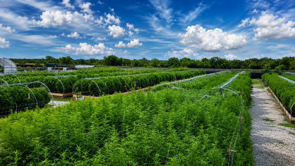 Apothecary Farms outdoor cannabis farm under blue skies